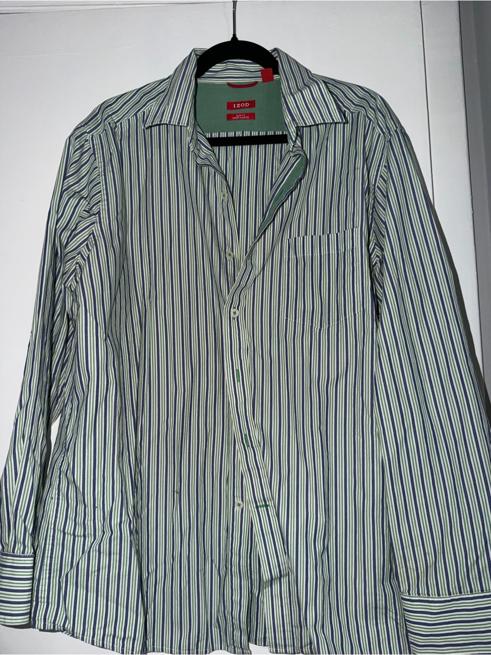 Izod Green and Navy Stripe Long-Sleeve Dress Shirt